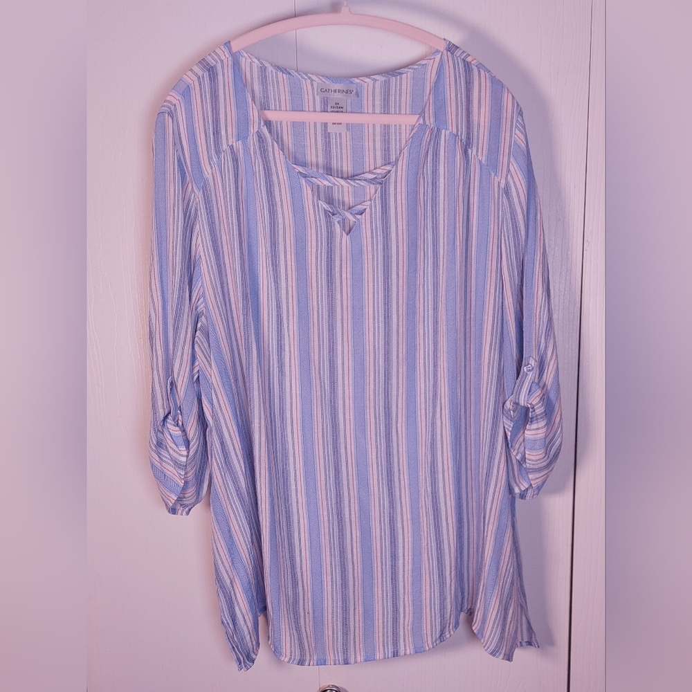 Catherines Striped Tunic Keyhole Neckline Size 2X Top Lightweight Boxy Flowy